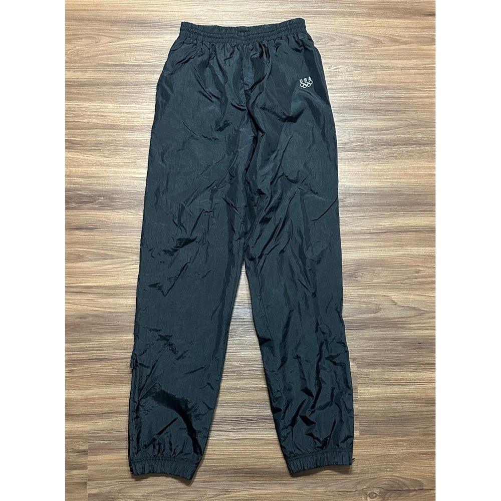 VTG USA Olympic Black Nylon Track Pants Lined Zip Ankle USA Sz Small Logo